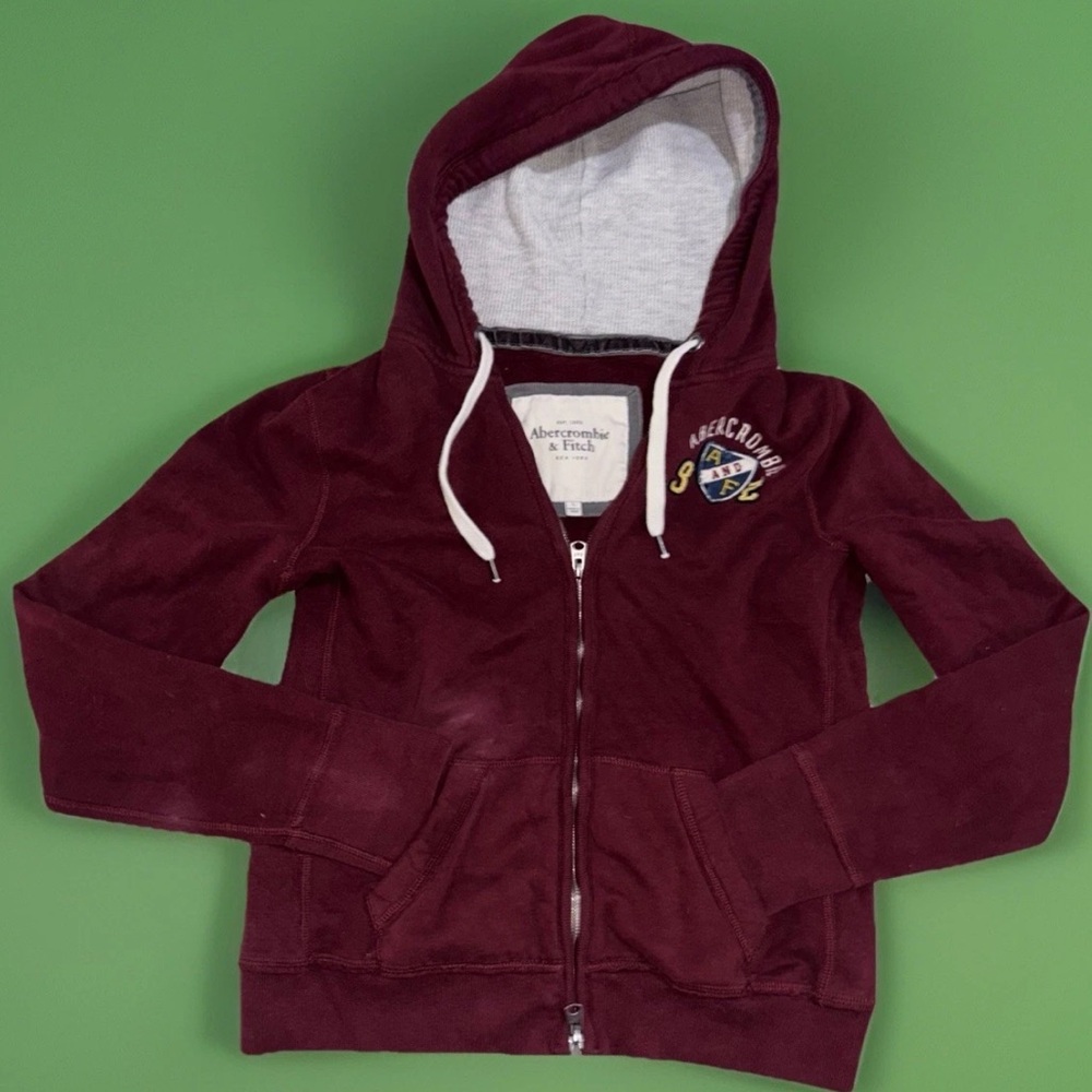 Abercrombie & Fitch Y2K Distressed Full Zip Maroon Hoodie Waffle Hood Woman’s L